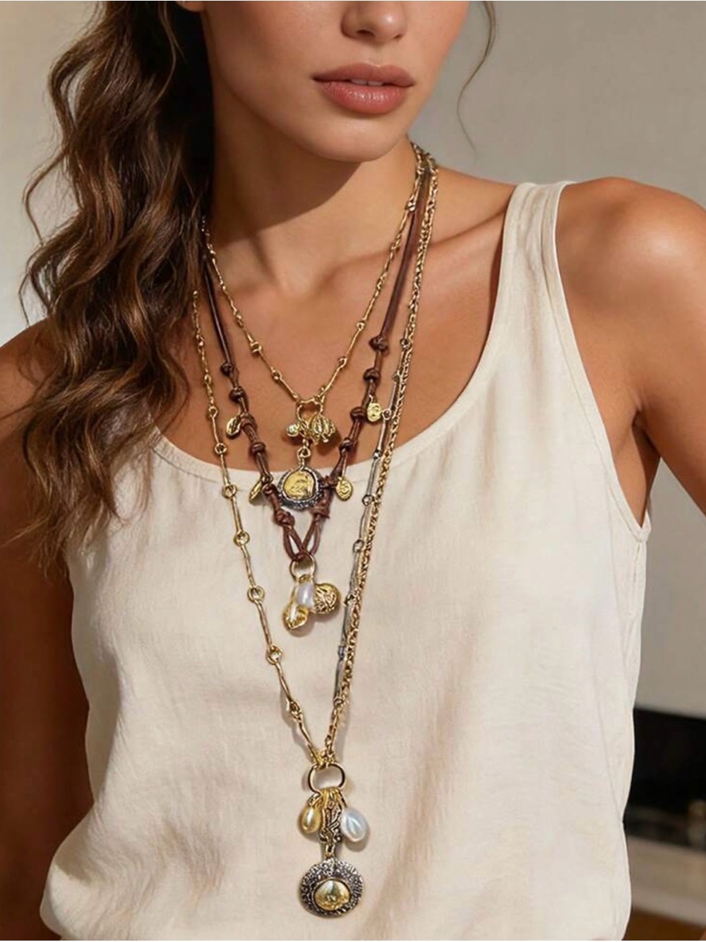 Layered Gold and Brown Charm Necklace - Women's Jewelry